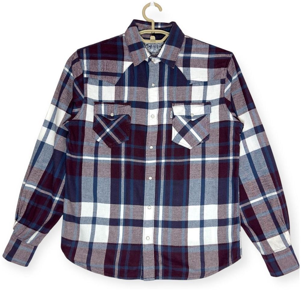 Levi's Men's Pearl Snap Plaid Flannel Button Down Shirt Navy Burgundy size Small